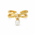 Cross Woven Cubic Zirconia Dangle Pearl 925 Sterling Silver Ring