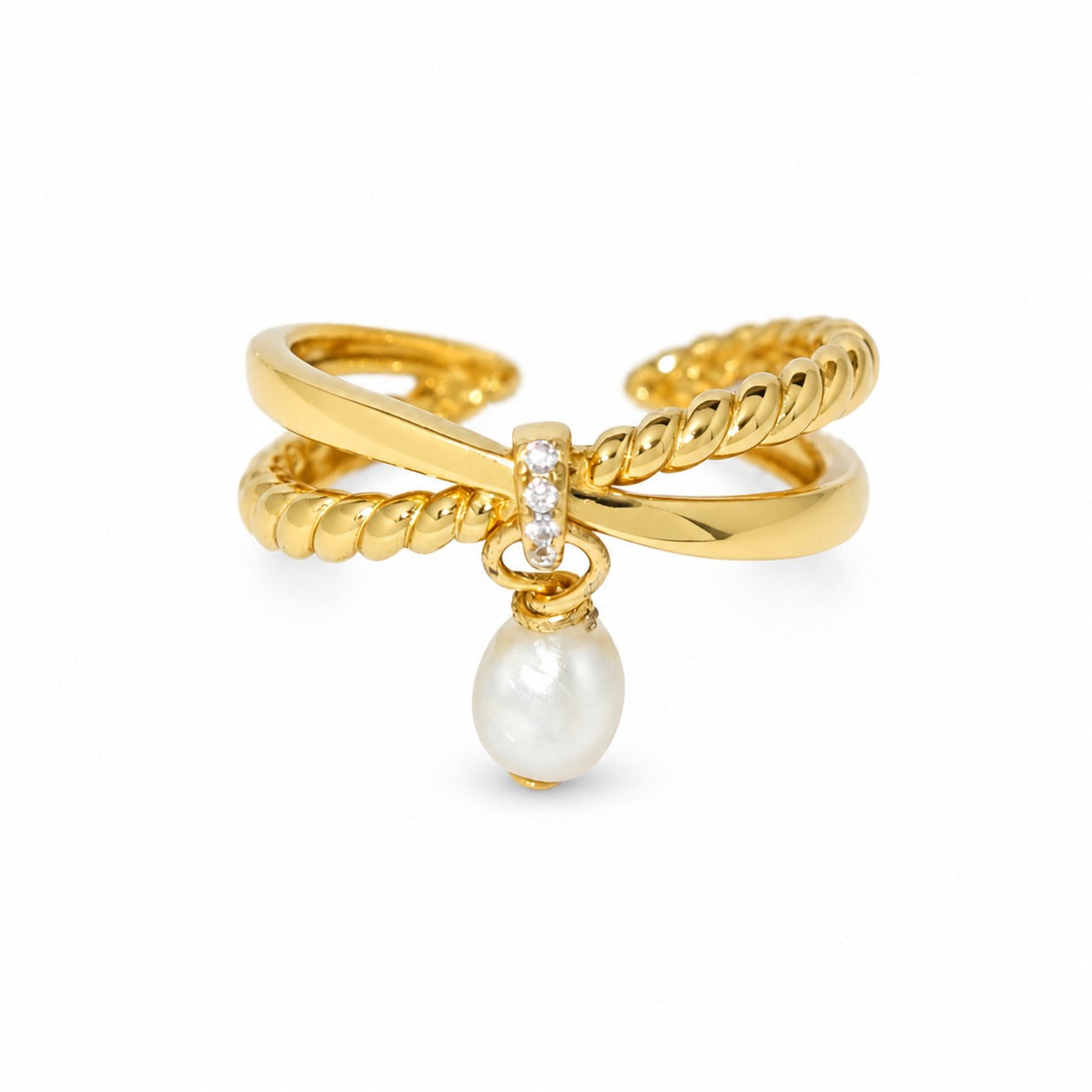 Cross Woven Cubic Zirconia Dangle Pearl 925 Sterling Silver Ring