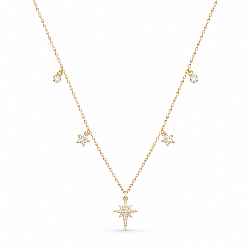 Celestial North Star And Five Point Star Cubic Zirconia 925 Sterling Silver Station Chain Necklace