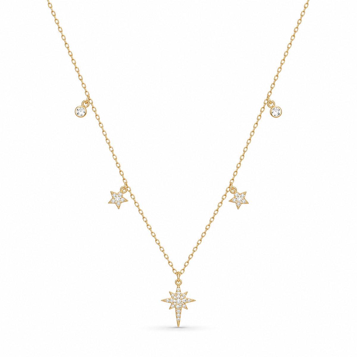 Celestial North Star And Five Point Star Cubic Zirconia 925 Sterling Silver Station Chain Necklace