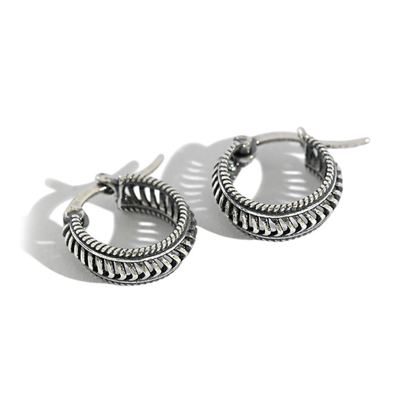 Vintage Twisted Rope Braided Antique Silver S925 Sterling Silver Huggie Hoop Earrings