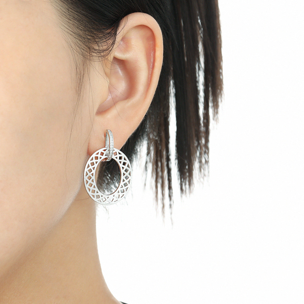 Party Geometry Frosted Hollow CZ Circle 925 Sterling Silver Dangling Earrings