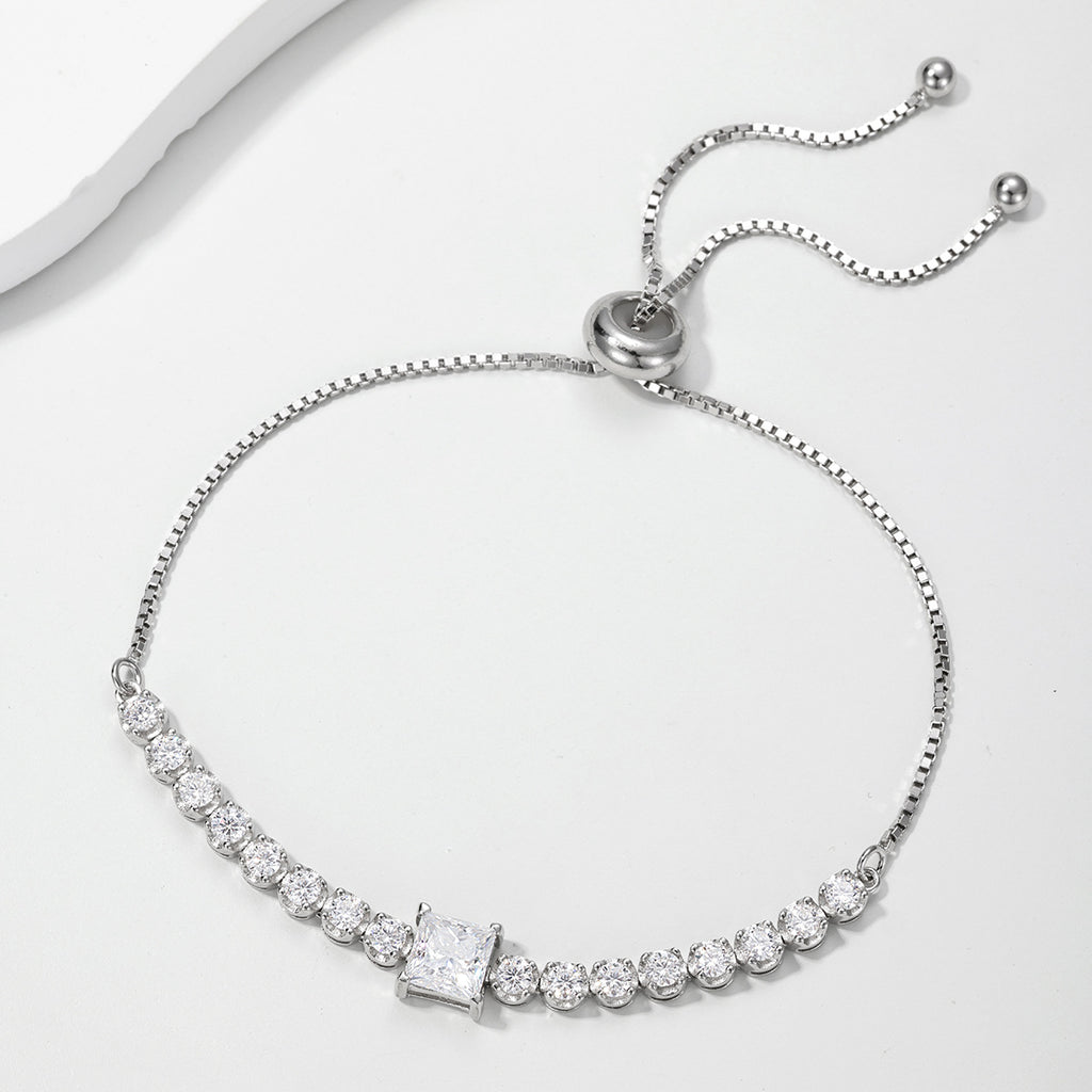 White Moissanite Geometric Princess Cut Square Center Stone Tennis Bracelet In S925 Sterling Silver Adjustable Slider Chain Bracelet Elegant Modern Fashion Jewelry Gift