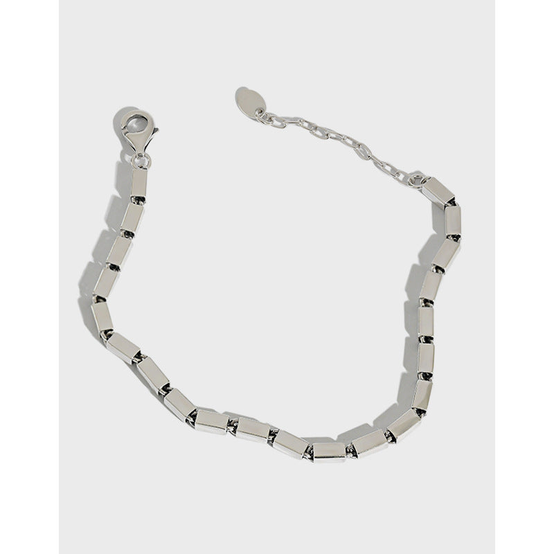 Vintage Silver Geometric Block Link Chain S925 Sterling Silver Adjustable Bracelet