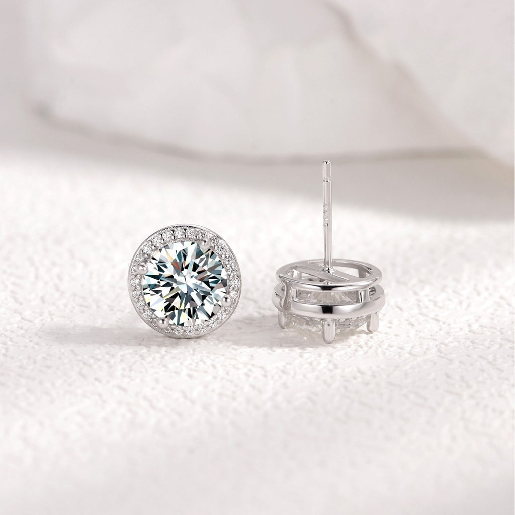 Mossanite Halo 925 Sterling Silver Round Geometric Stud Earrings