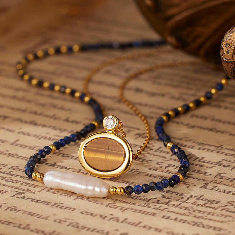 925 Sterling Silver  Blue Lapis Lazuli Bead Baroque Pearl Strand And Tiger Eye Oval Pendant Layered Necklace Set