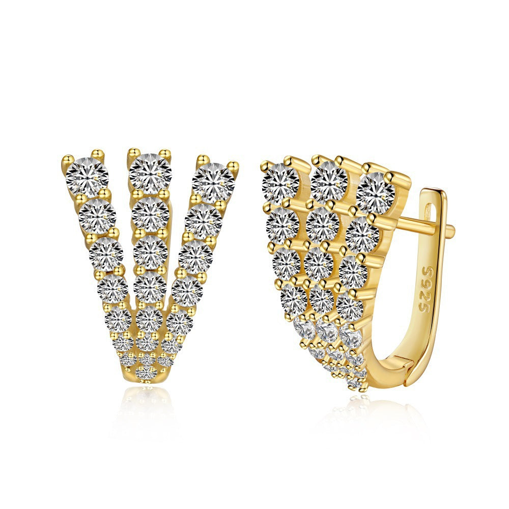 Office Micro Setting CZ Three Claws 925 Sterling Silver Hoop Earrings