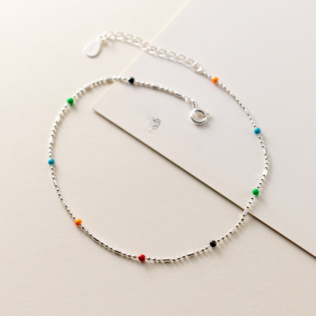 Mini Delicate Multicolor Round Bead Geometric Silver Anklet Pure Metal S925 Sterling Silver Adjustable Chain Anklet