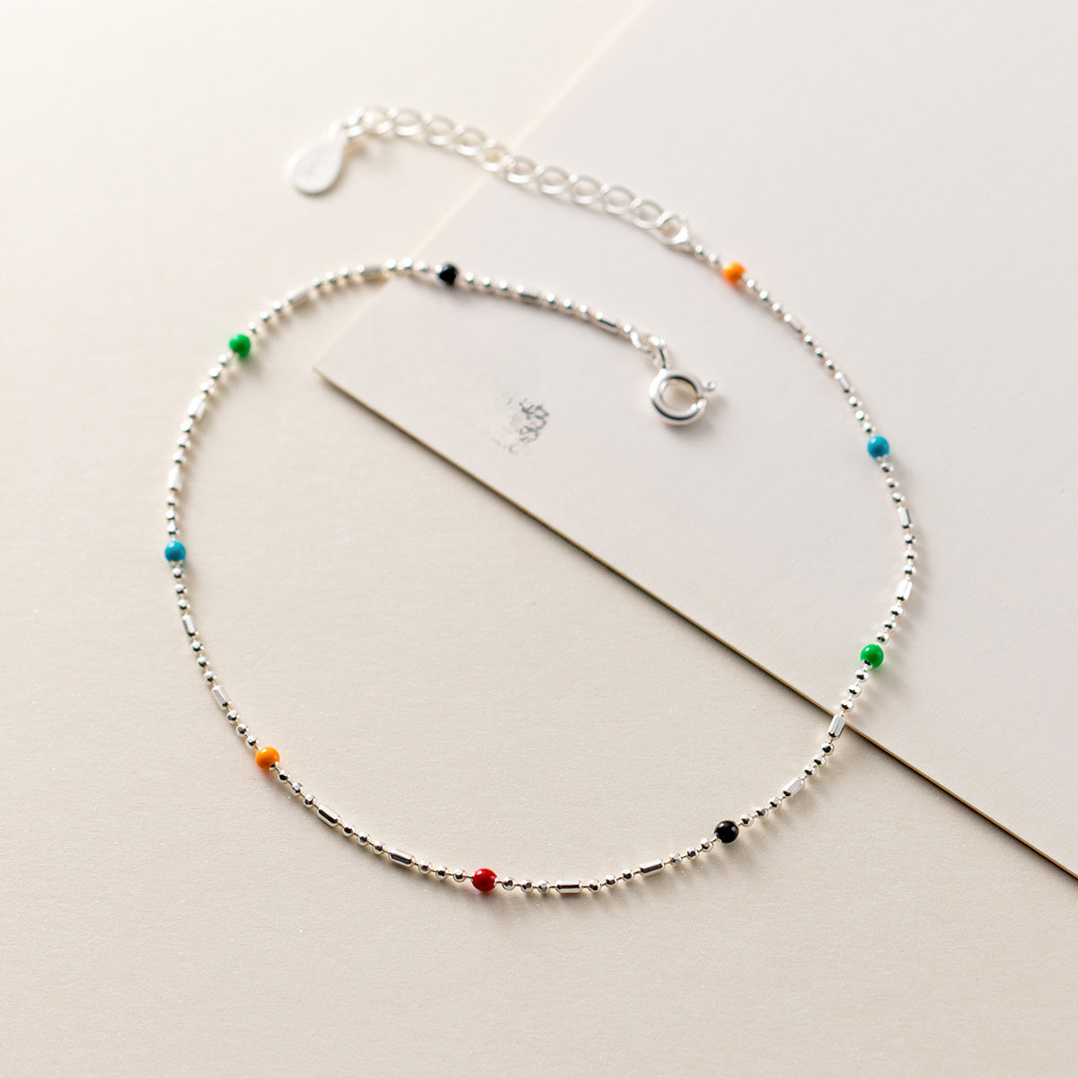 Mini Delicate Multicolor Round Bead Geometric Silver Anklet Pure Metal S925 Sterling Silver Adjustable Chain Anklet