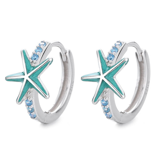 Blue Star Sea Urchin Cubic Zirconium Sea Star Circular 925 Sterling Silver Earrings
