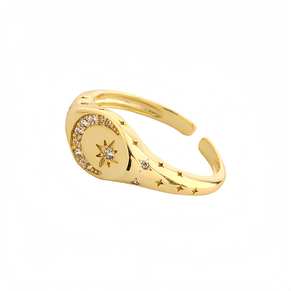 Cubic Zirconia Crescent Moon And Eight Point Star Adjustable Ring S925 Silver Celestial Open Band Ring Women Elegant Modern Fashion Gift Jewelry