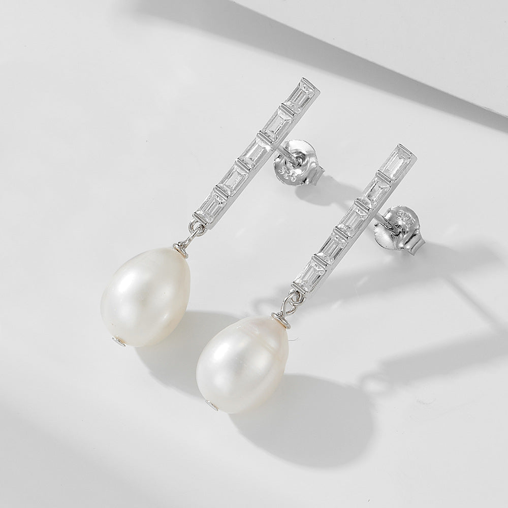 Elegant Oval Natural Pearl 925 Sterling Silver CZ Dangling Earrings