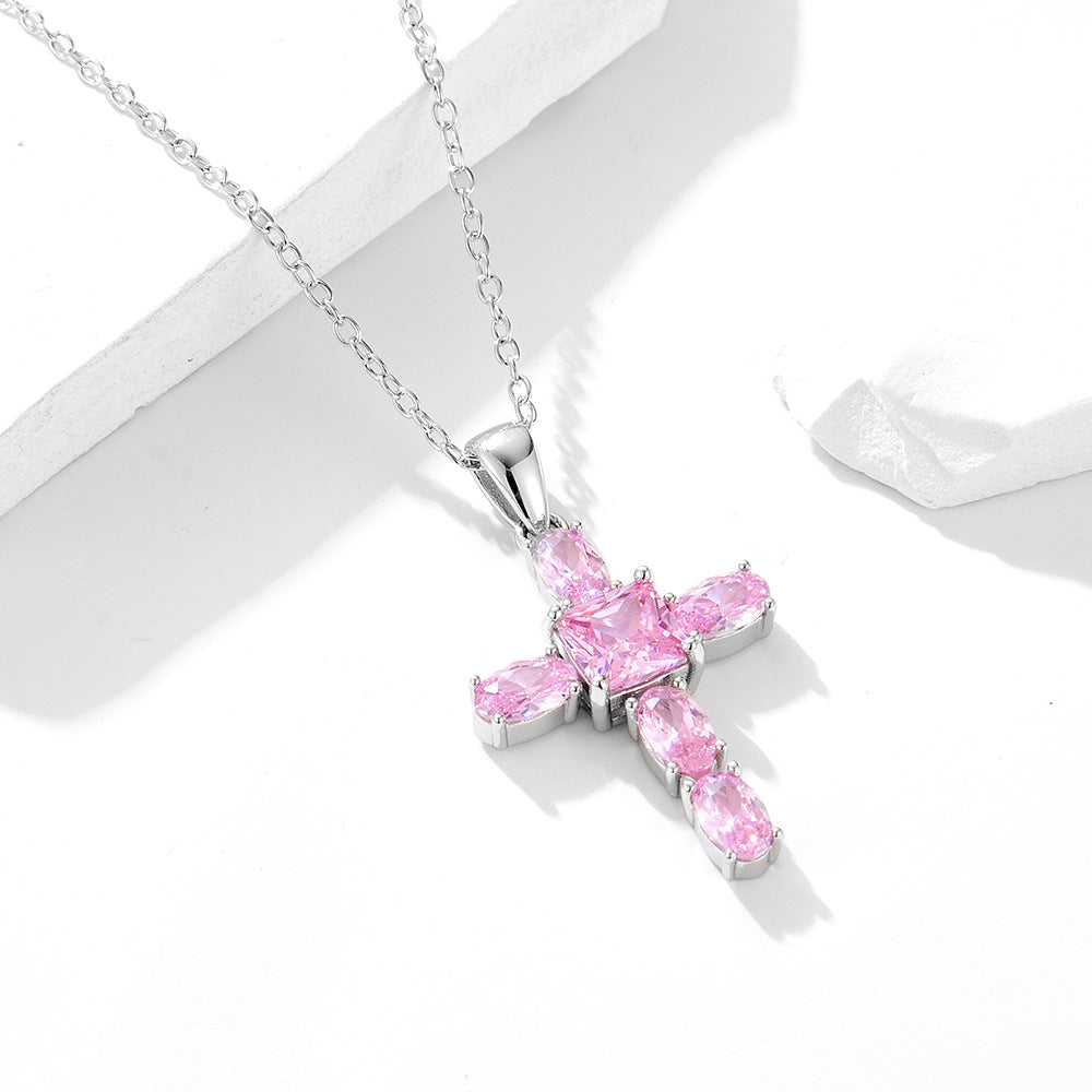 Girl Beautiful Emerald Pink CZ Cross 925 Sterling Silver Necklace