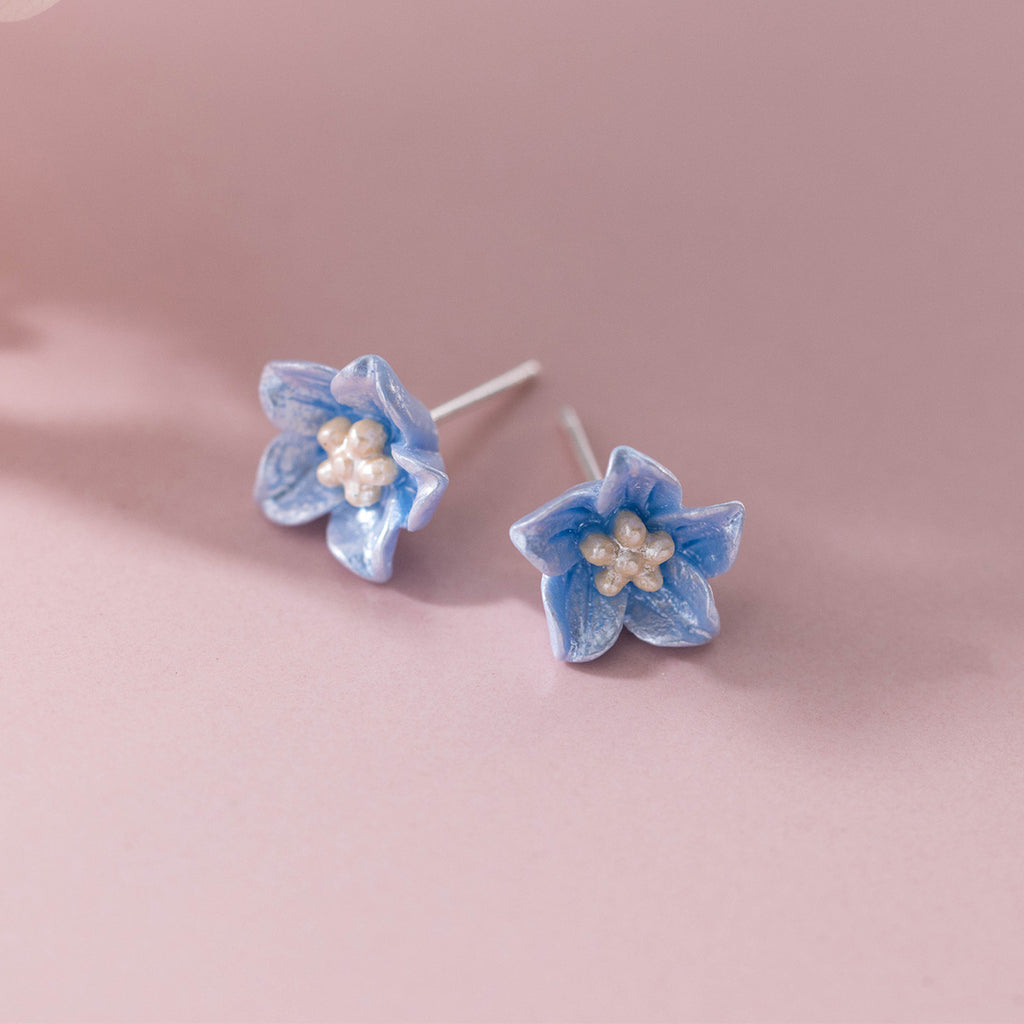 Blue Flower  S925 Sterling Silver Delicate Blossom Ear Stud Earrings