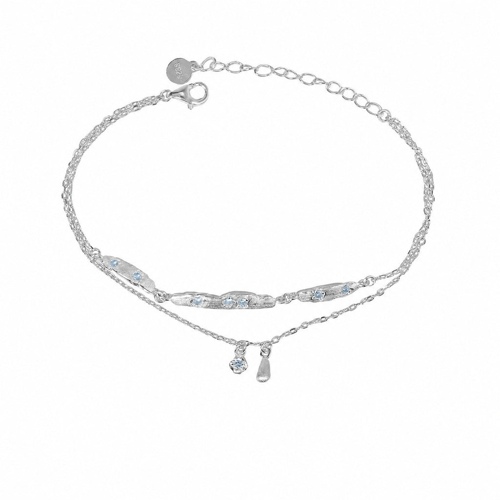 Cubic Zirconia Double Layer Teardrop Pendant with 925 Sterling Silver Brushed Texture Irregular Bar Link Bracelet