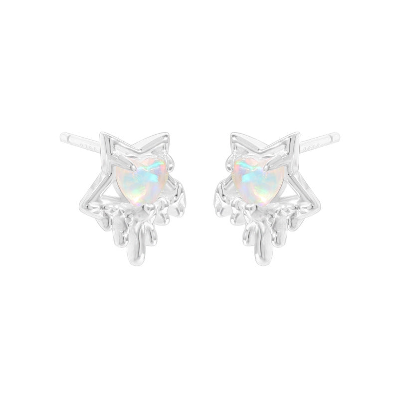 Elegant Fashion Heart Shining Star Design Opal 925 Sterling Silver Stud Earrings