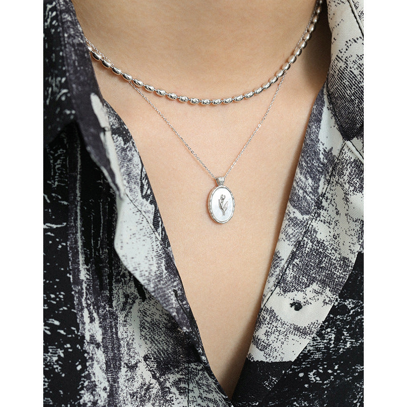 Tulip Oval Shell 925 Sterling Silver Necklace Mini Delicate Geometric Pendant Necklace