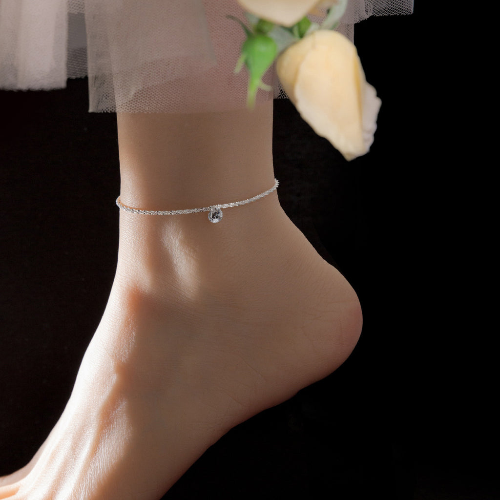 Single Round Clear Cubic Zirconia S925 Sterling Silver Anklet Minimalist Delicate Sparkle Chain Anklet