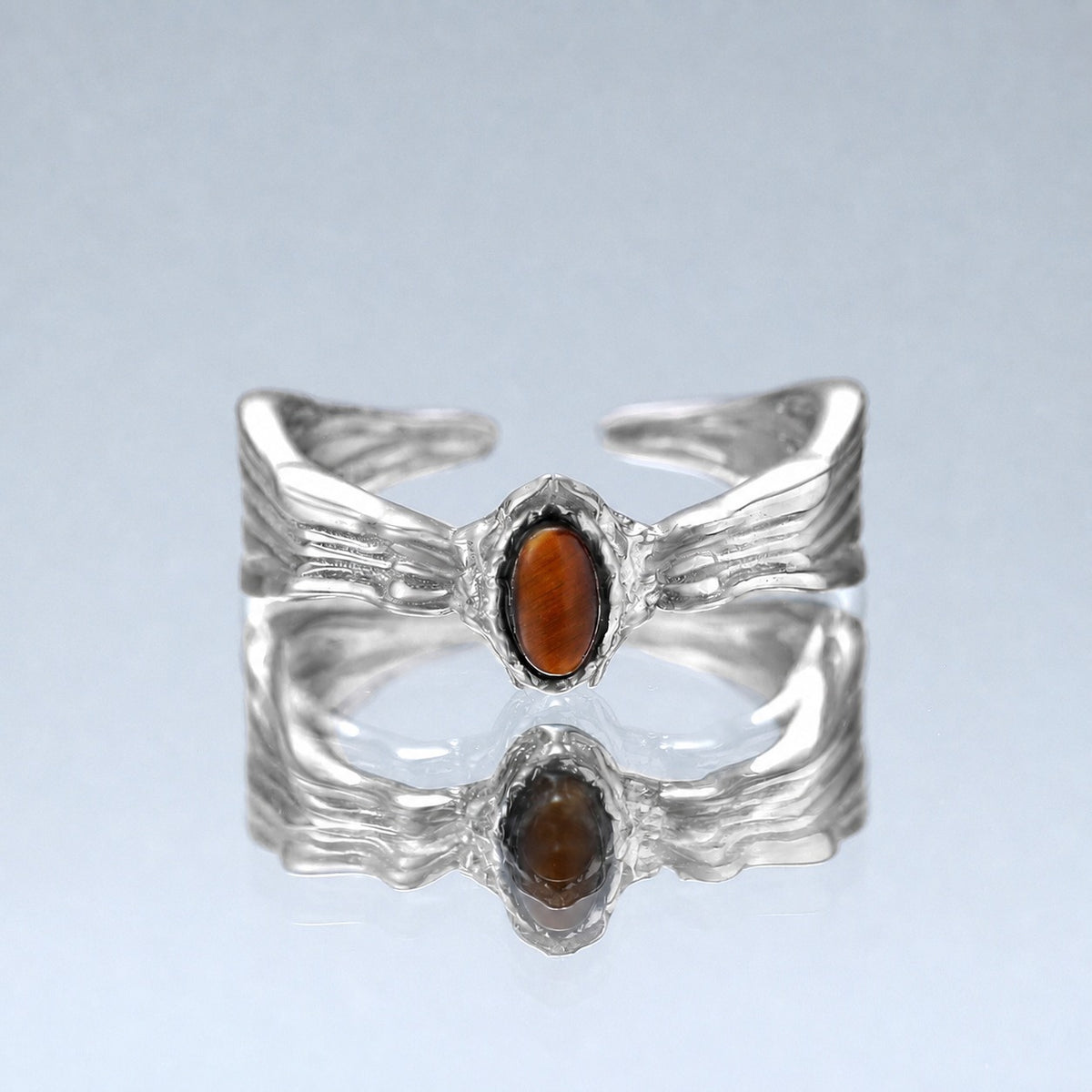 Natural Brown Tiger Eye Oval Cabochon 925 Sterling Silver Ring with Wavy Texture and Openwork Design  Ring