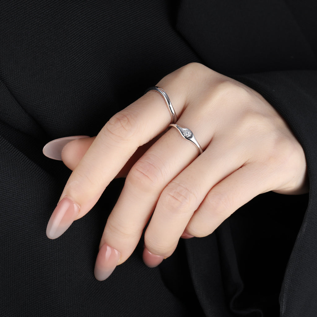 Minimalist Modern Geometric Wave 925 Sterling Silver Ring with Cubic Zirconia Adjustable Ring