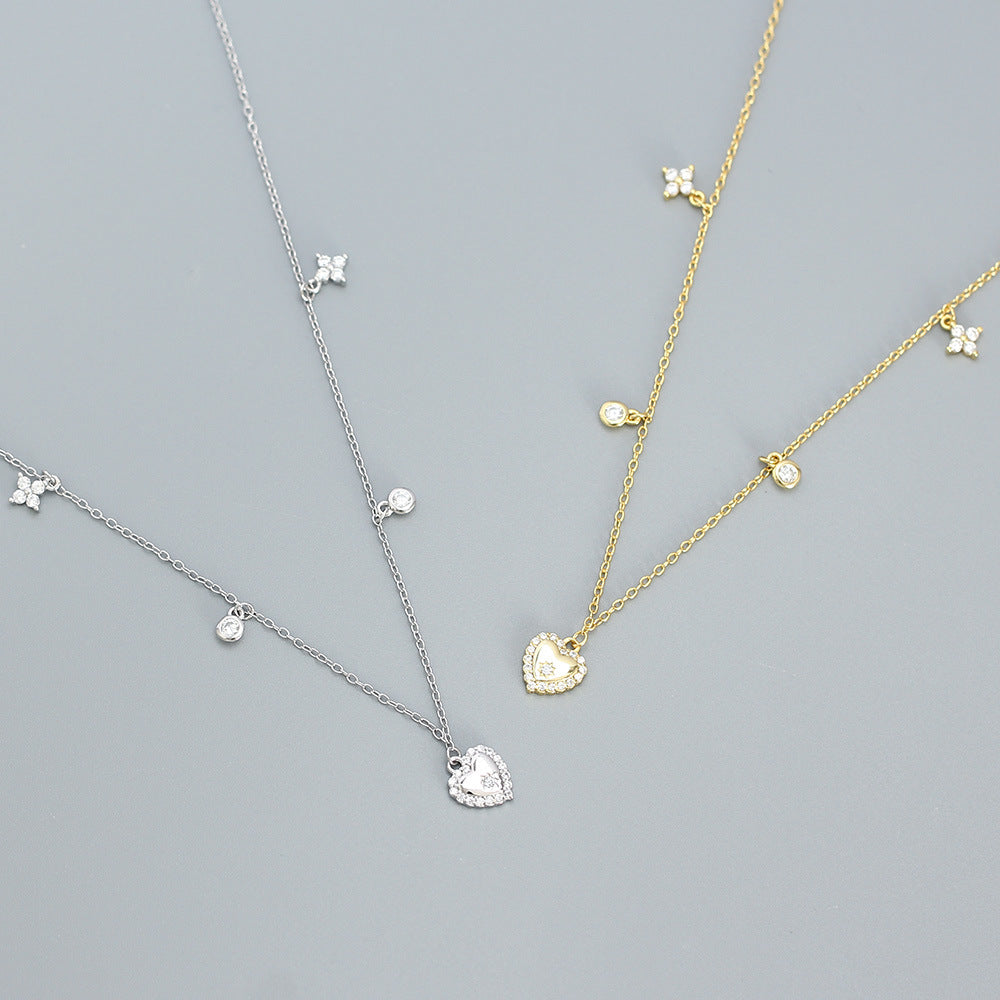 Cubic Zirconia Heart Pendant Multi Charm Chain Necklace In 925 Sterling Silver  French Collarbone Style Elegant Fashion Jewelry For Women