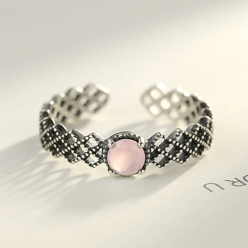 Vintage Hollow Created Rose Quartz 925 Sterling Silver Adjustable Ring