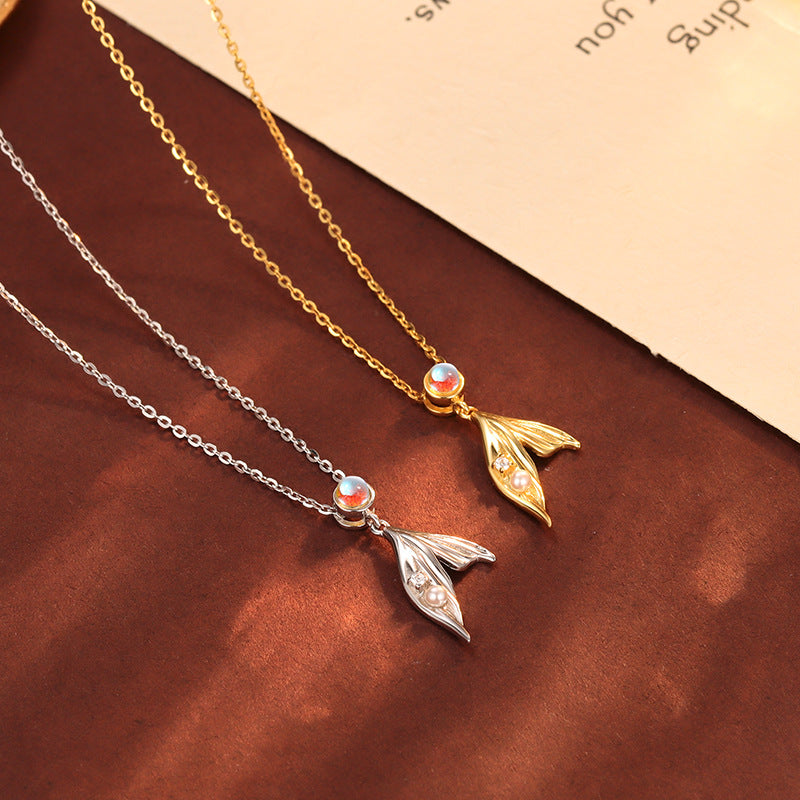 Mermaid Tail Pearl 925 Sterling Silver Necklace Semi Transparent Round Decorative Fashion Simple Pendant Necklace