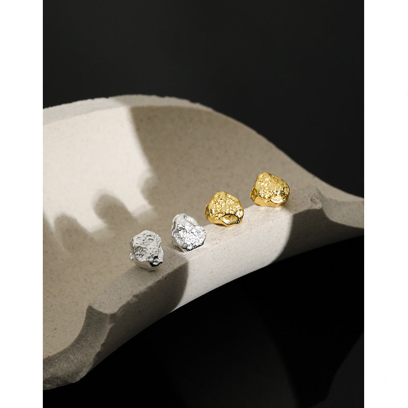 Modern Minimalist Geometric Textured Lava Design S925 Sterling Silver Stud Earrings