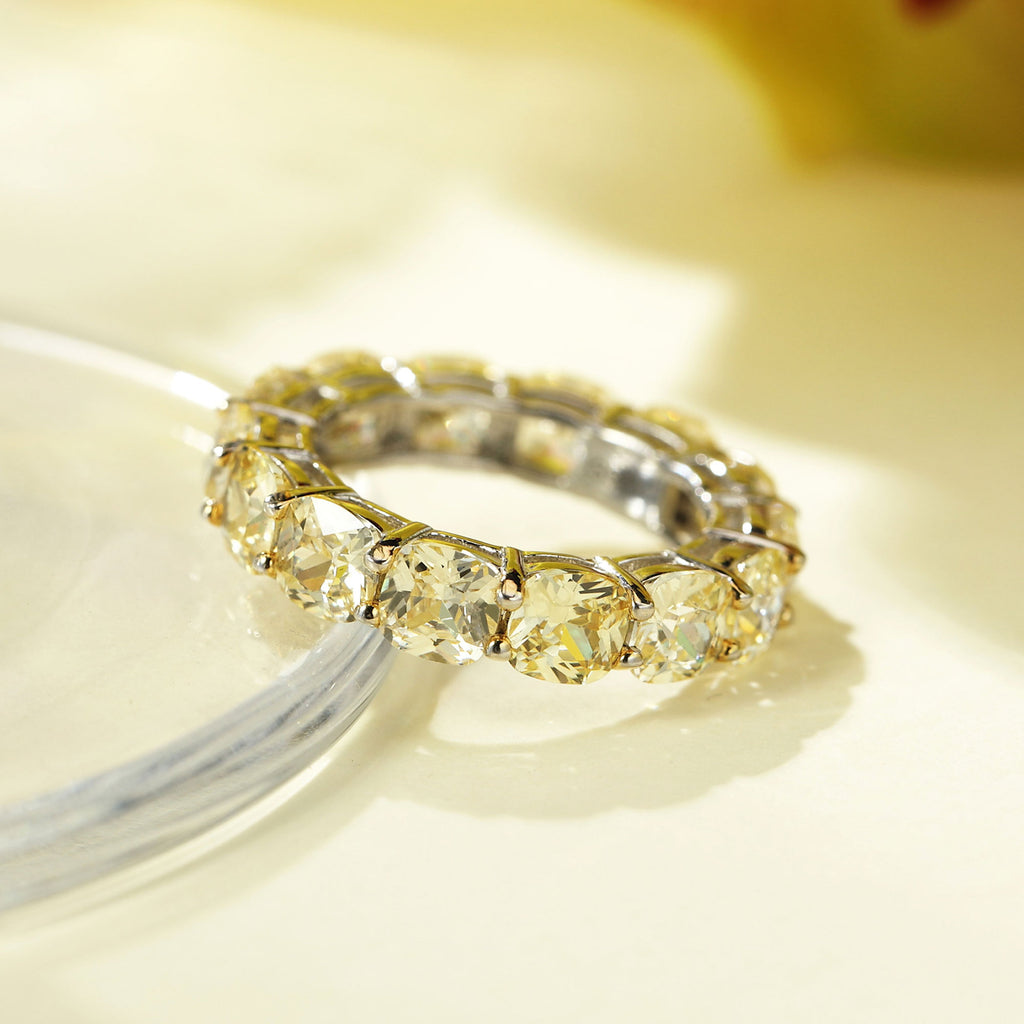 Light Yellow Cushion-Cut Zirconia Full-Band Eternity 925 Sterling Silver Ring