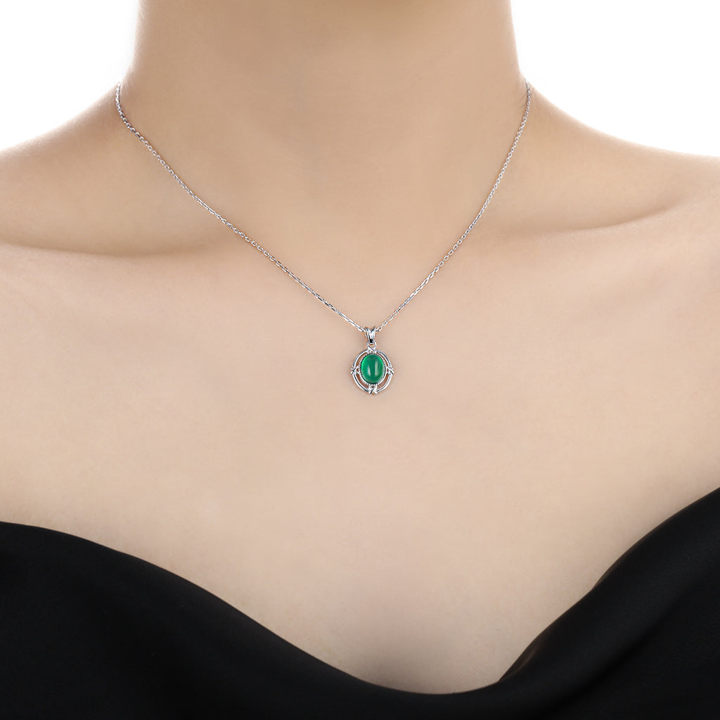 Elegant Geometric Oval Natural Moonstone and Green Agate 925 Sterling Silver Necklace for Women with Adjustable Chain