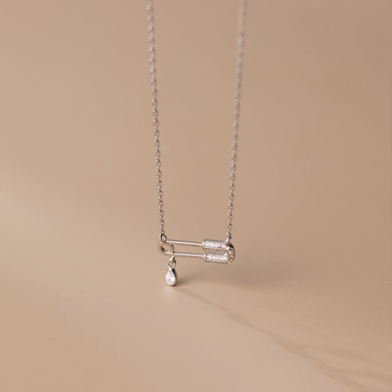 Cubic Zirconia Safety Pin Drop Pendant S925 Sterling Silver Minimalist Geometric Chain Necklace