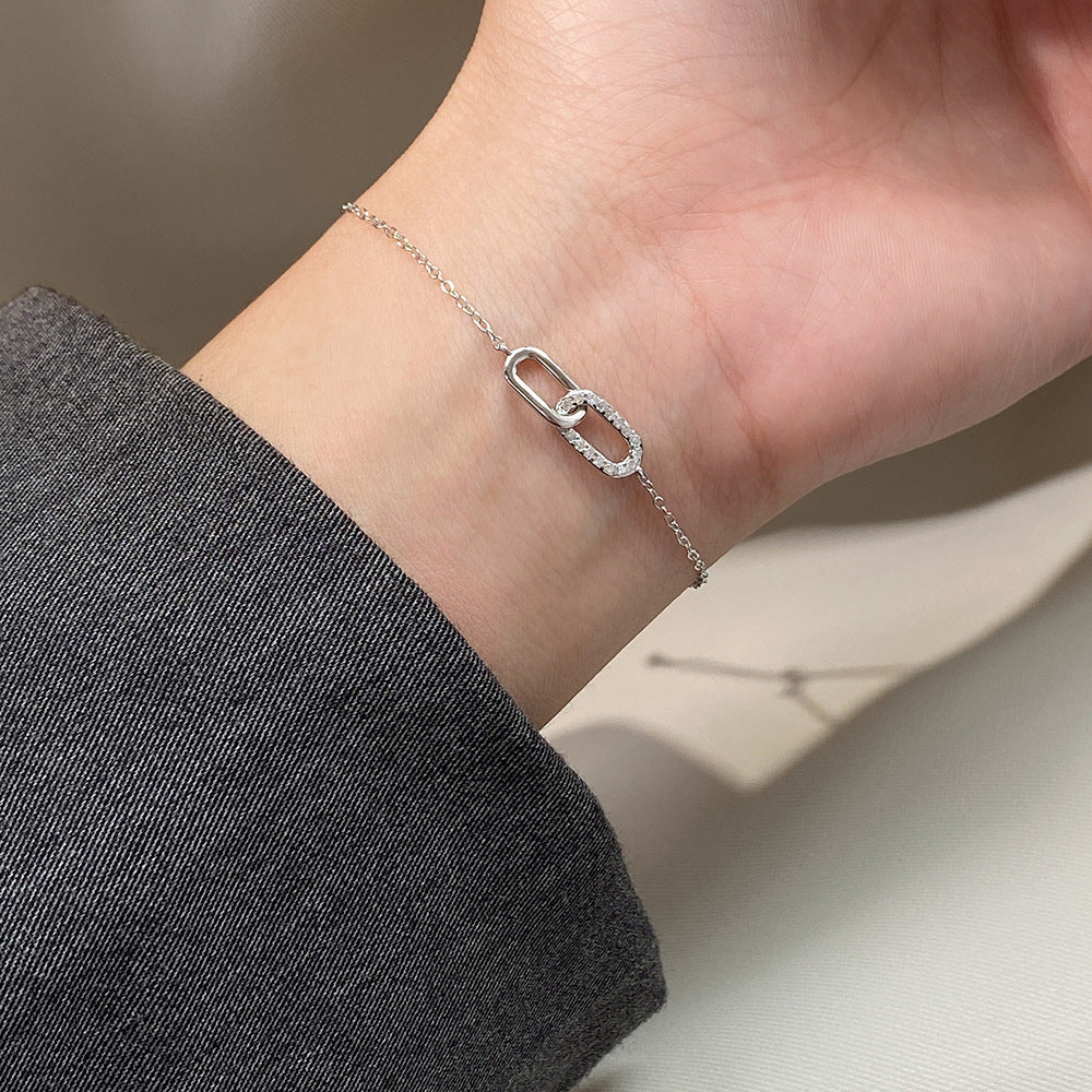 Cubic Zirconia Oval Link Chain Bracelet In 925 Sterling Silver With Silver Or Gold Tone Finish Minimalist Interlocking Paperclip Style Adjustable Daily Wear Fashion Jewelry For Women