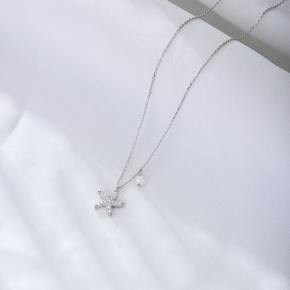 Starfish Pearl Cubic Zirconia 925 Sterling Silver Elegant Short Collar Chain Necklace