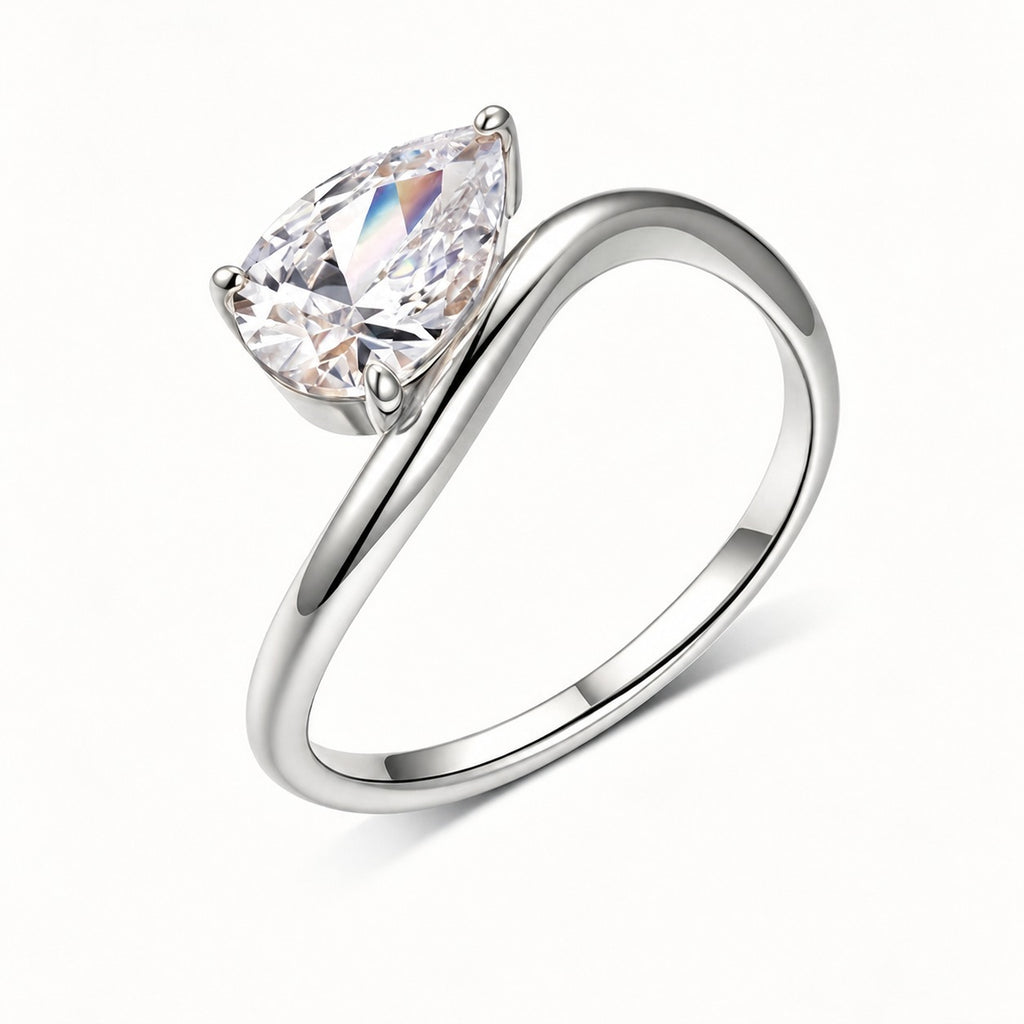 Pear Shaped Moissanite  925 Sterling Silver Simple Wave Band Solitaire Ring