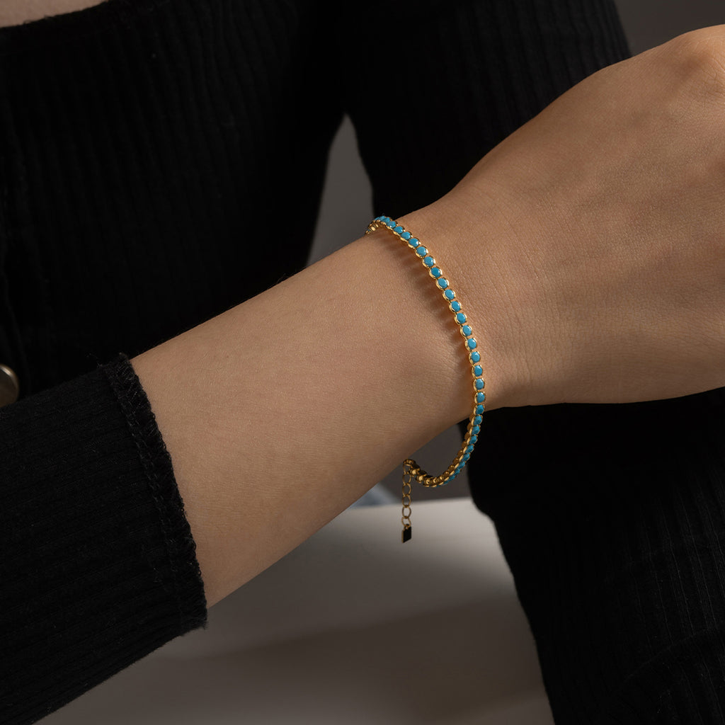 Blue Turquoise Bezel Set Natural Stone 925 Sterling Silver Tennis Chain Bracelet