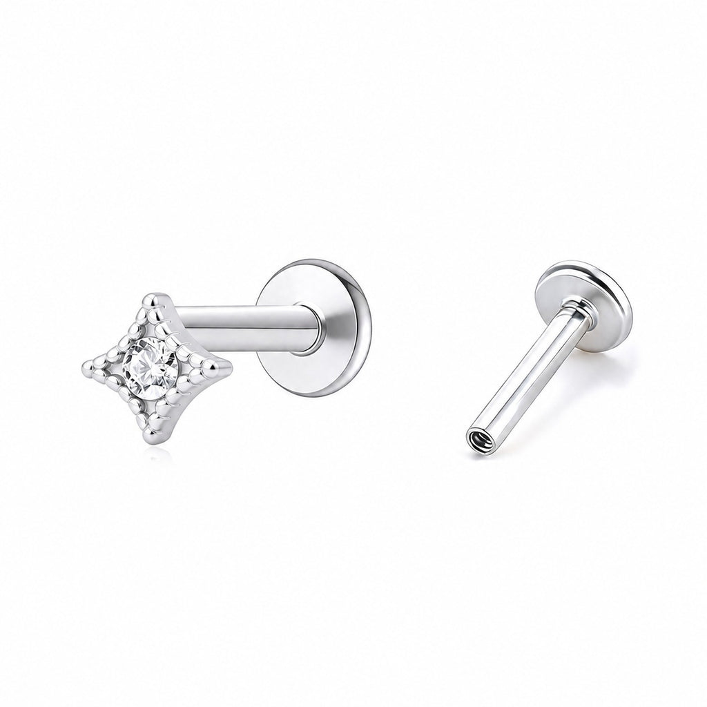 Geometric Four Point Star Cubic Zirconia 925 Sterling Silver Flat Back Internal Thread Ear Stud Earring(Single)