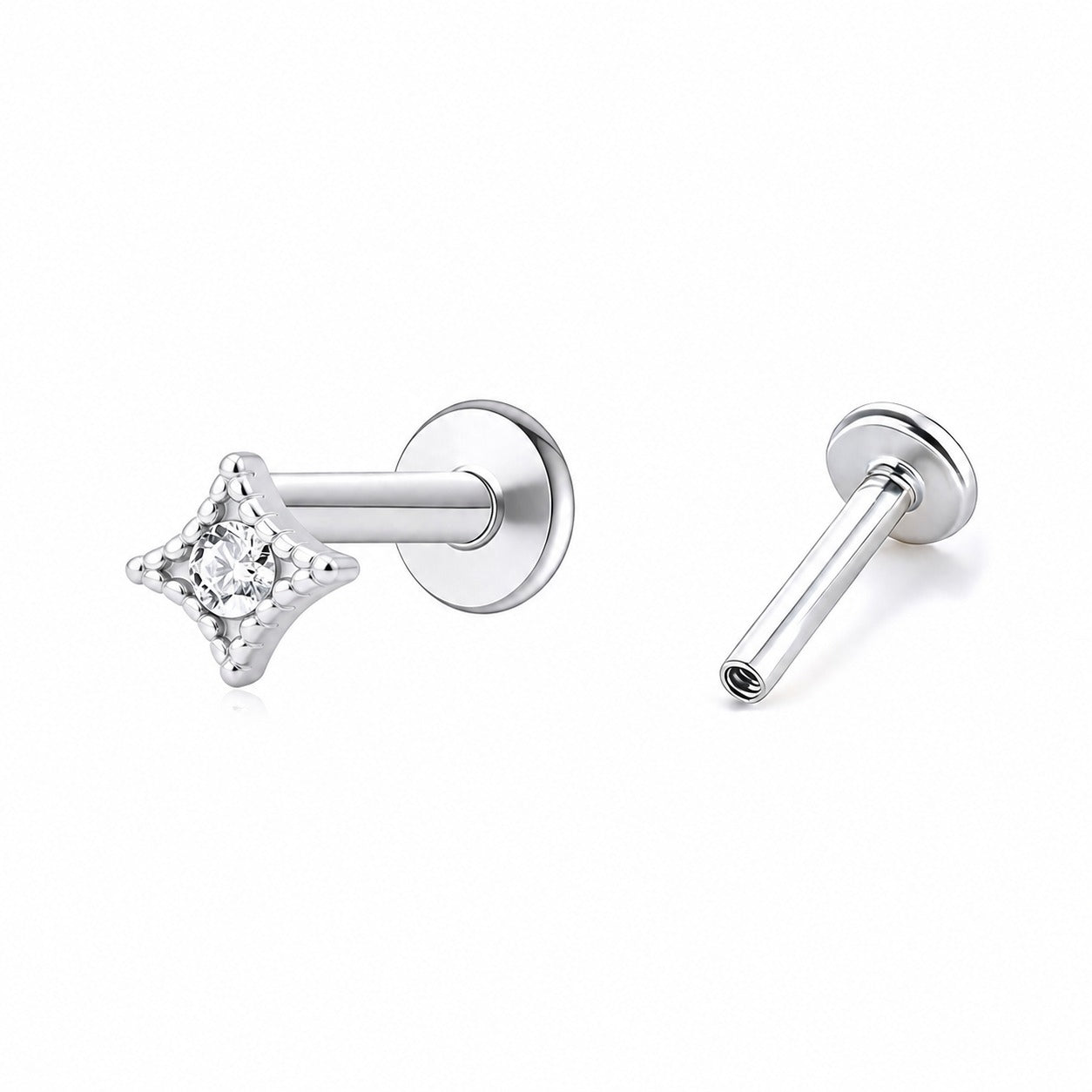 Geometric Four Point Star Cubic Zirconia 925 Sterling Silver Flat Back Internal Thread Ear Stud Earring(Single)