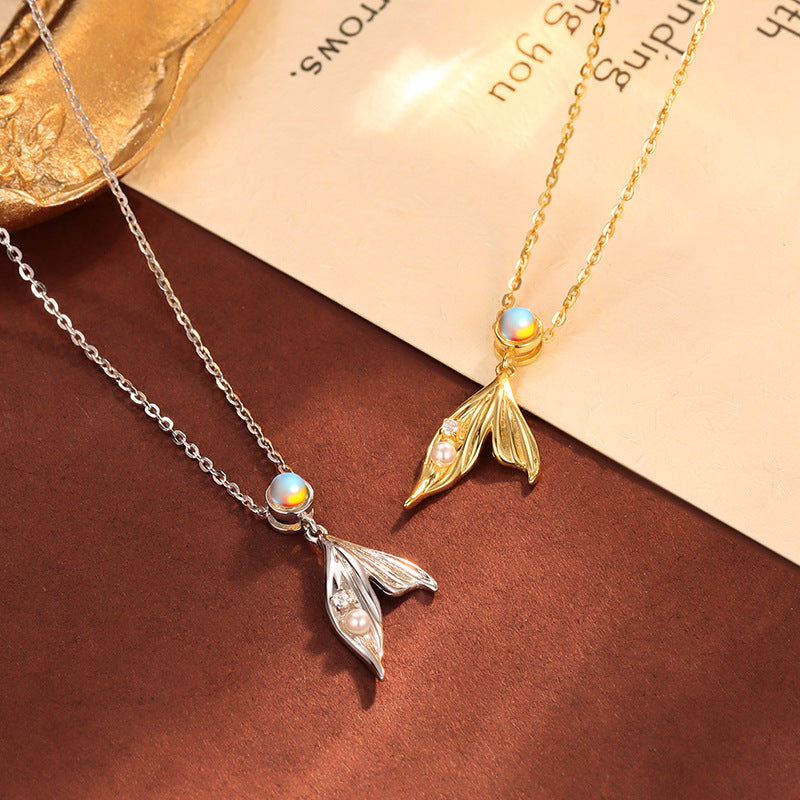 Mermaid Tail Pearl 925 Sterling Silver Necklace Semi Transparent Round Decorative Fashion Simple Pendant Necklace
