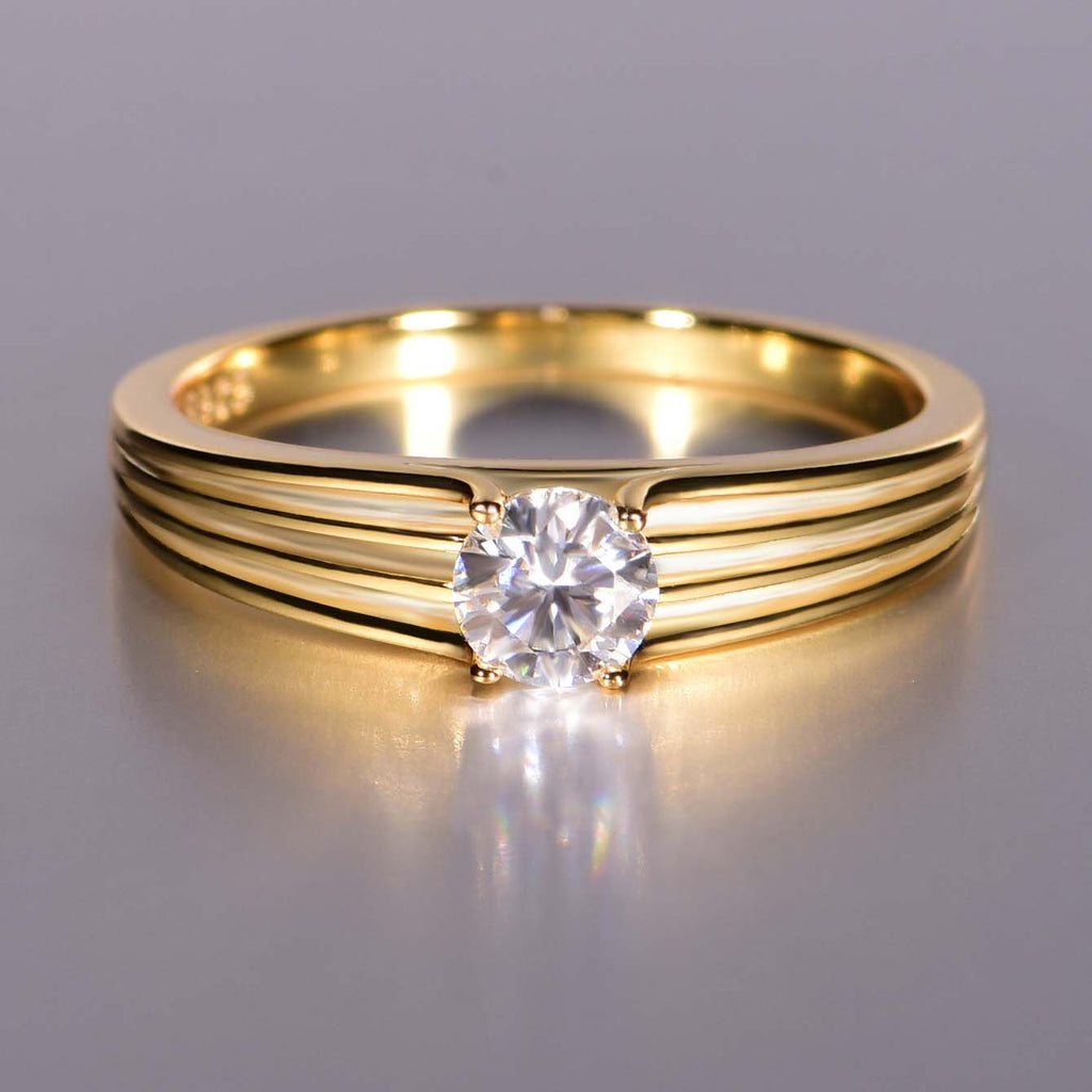 Round Solitaire Moissanite 925 Sterling Silver Three Line Ribbed Band 0.5 Carat Ring