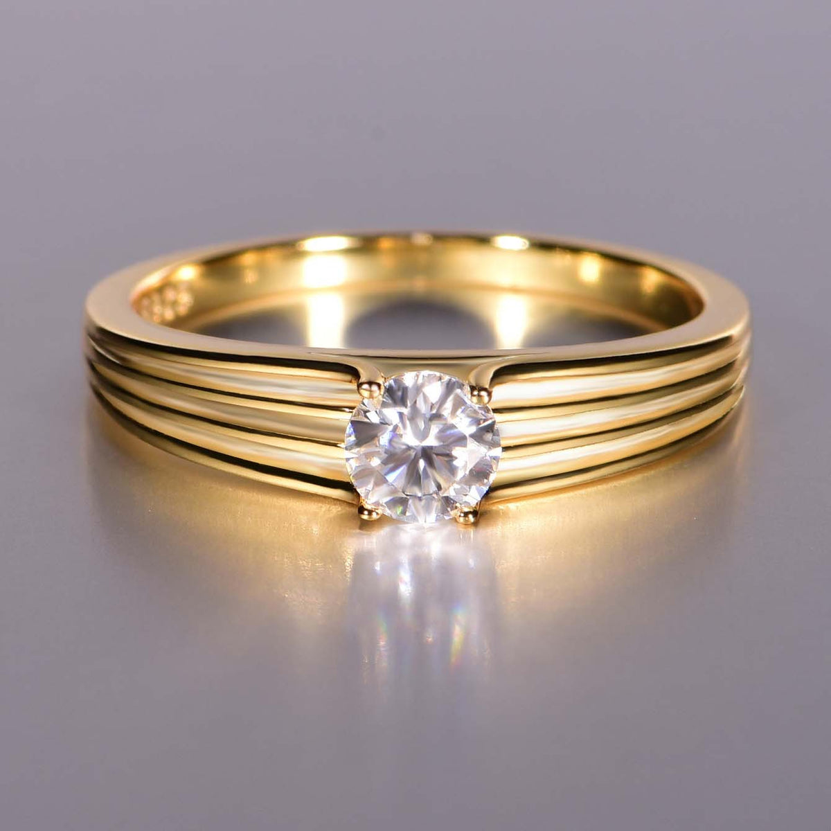 Round Solitaire Moissanite 925 Sterling Silver Three Line Ribbed Band 0.5 Carat Ring