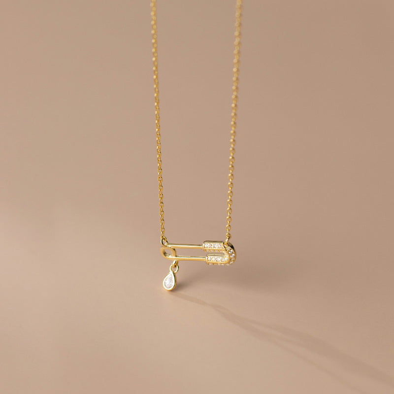 Cubic Zirconia Safety Pin Drop Pendant S925 Sterling Silver Minimalist Geometric Chain Necklace