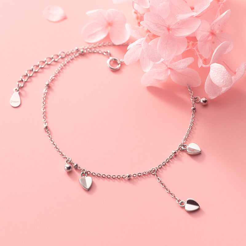 Pure Metal Polished Heart Charm Bead Chain S925 Sterling Silver Anklet