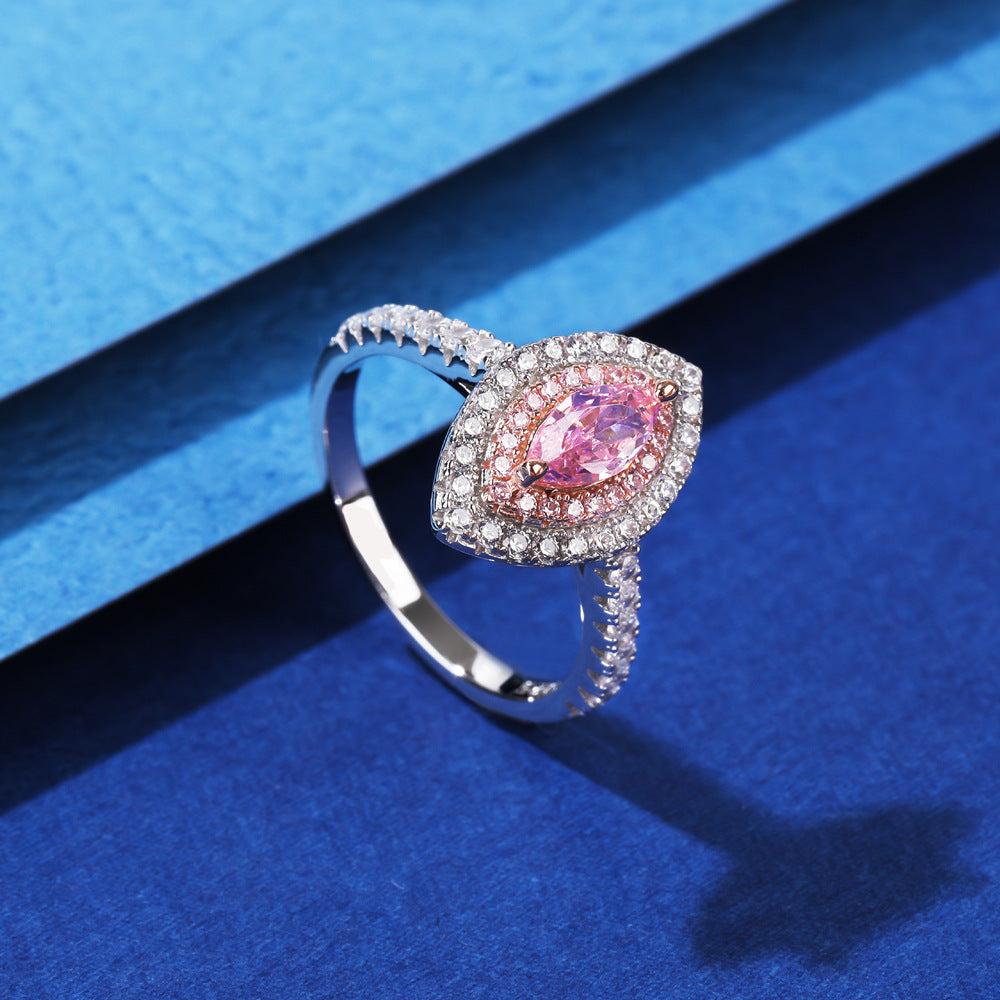 Pink Marquise Eye Shape Rose Gold Prongs Micro Setting Cubic Zirconia 925 Sterling Silver Halo Statement Band Ring