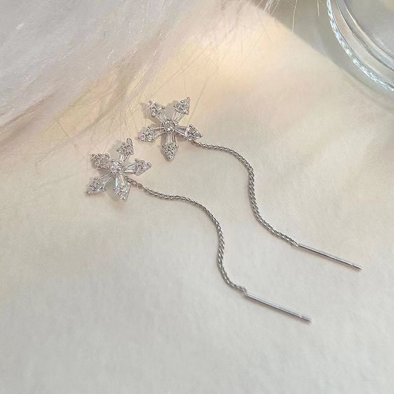 Beautiful CZ Flowers Women 925 Sterling Silver Dangling Tassels Earrings