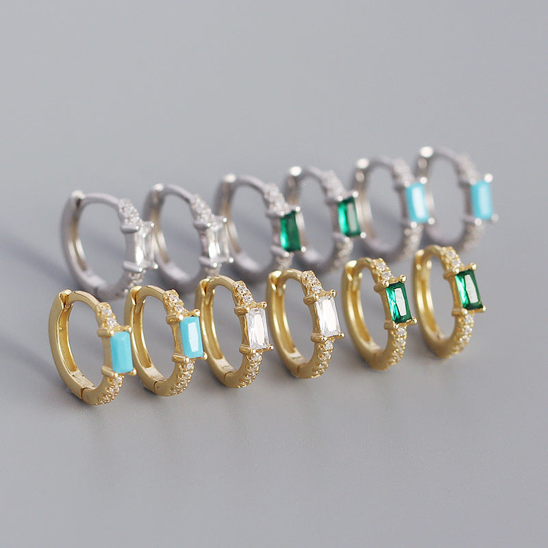 Elegant Geometric Design S925 Sterling Silver Hoop Earrings with Rectangular Cubic Zirconia for Women Fashion Jewelry in Multiple Colors