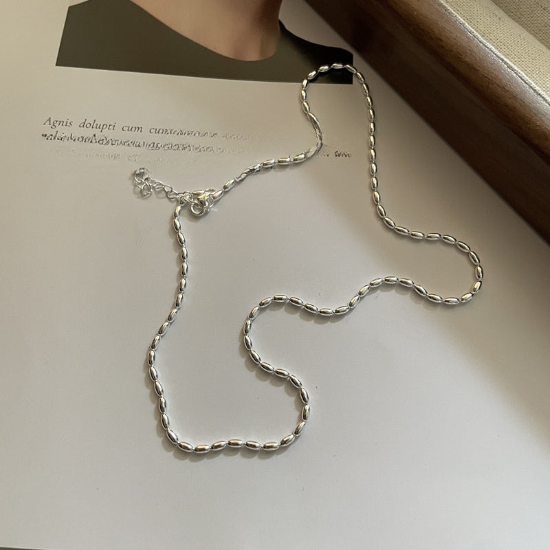 Polished Modern Olive Silver 925 Sterling Silver Minimalist Adjustable Collarbone Bead Chain Necklace
