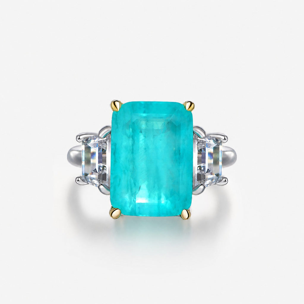 Rectangular Paraíba blue synthetic sapphire 925 sterling silver three stone Ring