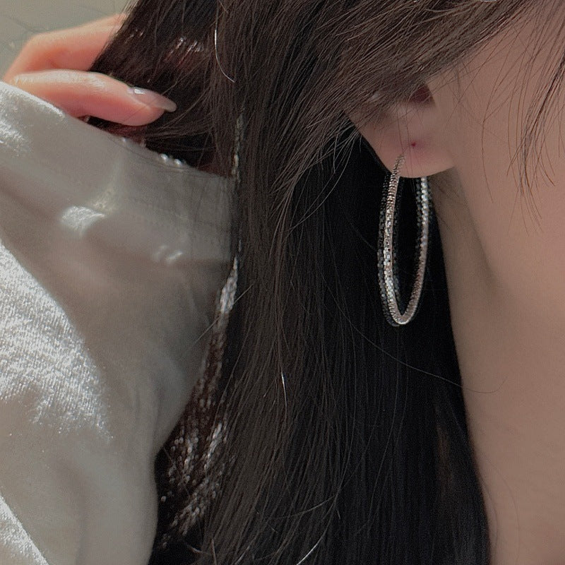 Geometric Textured  Sparkling Diamond Cut Circle Design  925 Sterling Silver  Hoop Earrings