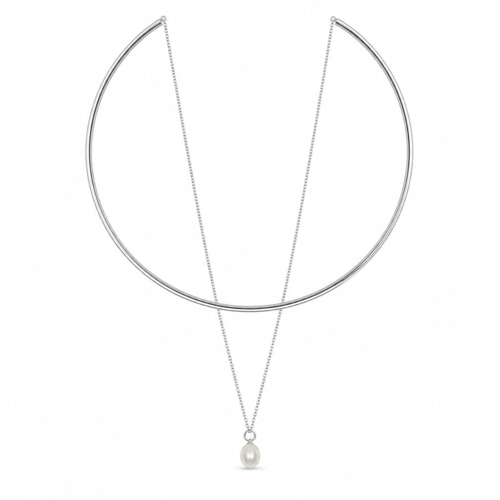 925 Sterling Silver Multi Wear Layered Open Choker Elegant Pearl Drop Pendant Collar Necklace