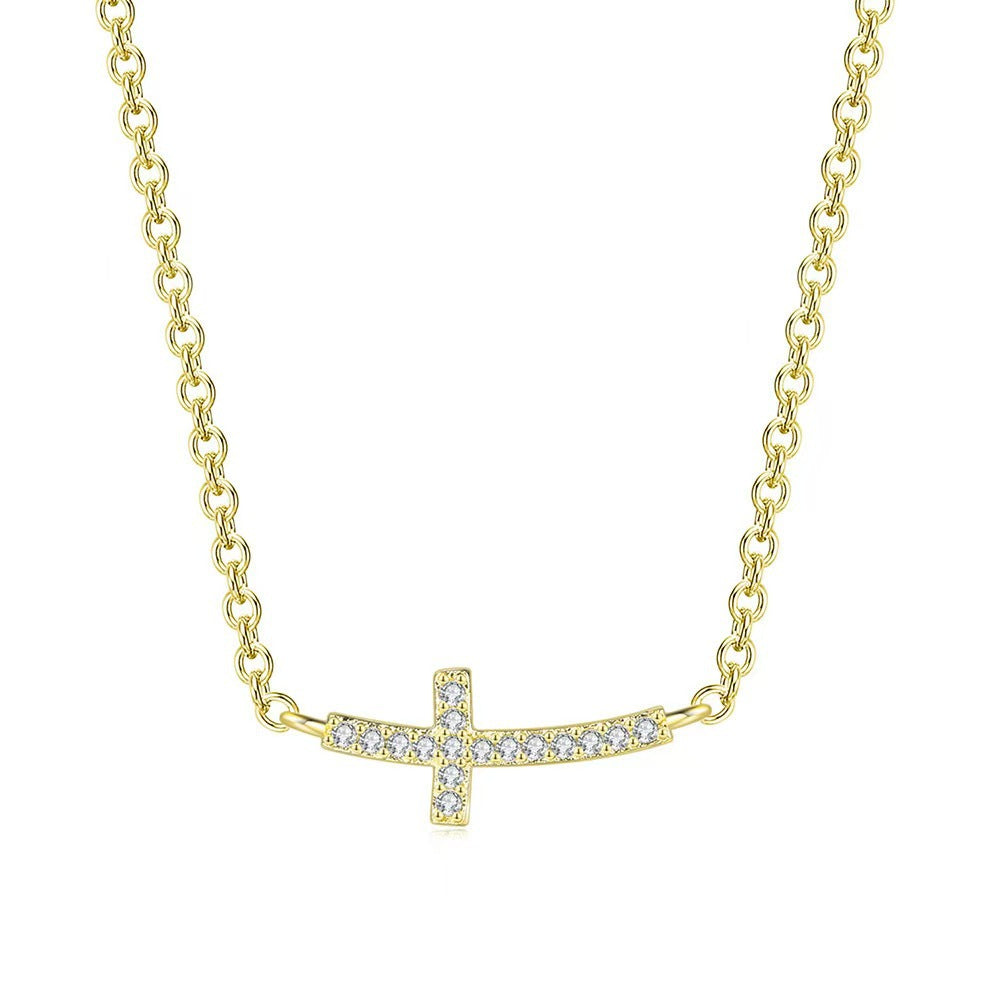Women Casual CZ Smile Cross 925 Sterling Silver Necklace
